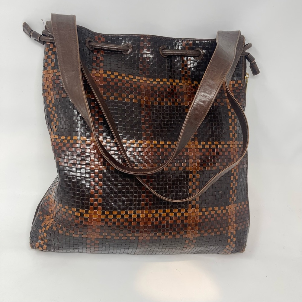 Vintage CEM Woven Leather Shoulder Bag | Brown Check | Boho Artisan Tote - Picture 6 of 13